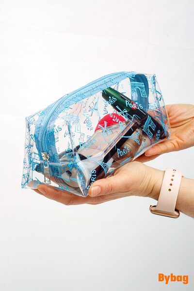 BYBAG Turnul Eiffel din Paris imprimat culoare albastră PVC transparent machiaj cosmetice de călătorie geantă pentru medicamente pentru copii