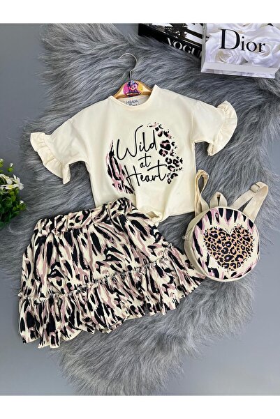 mislina kids Wild 3-Piece Girl's Combination (Oversize T-Shirt + Patterned Skirt + Bag) – 3/6 Years