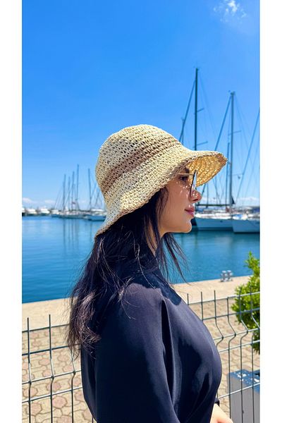 Luminos Butik Beige Hand Knitted Hat - Wide Brim, Color Transition and Sun Protection (Hsr2099)