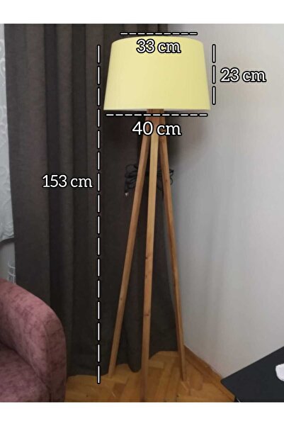 Genel Markalar 3 Ayaklı Ahşap Tripod Özel Tasarım Hardal Kumaş Başlıklı Lambader