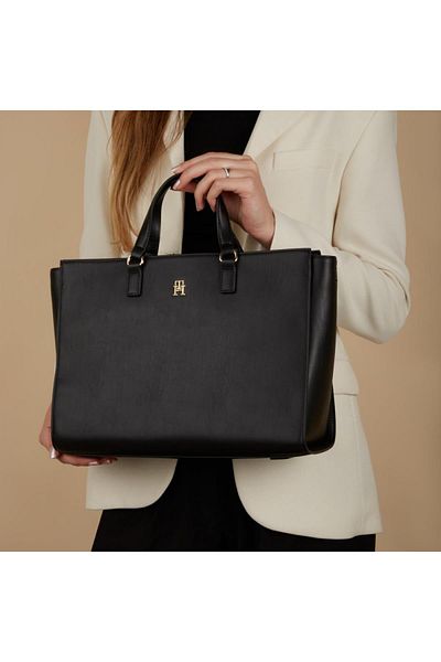 Tommy Hilfiger Black Women's Shoulder Bag - Logo Detailed, Zippered and Multi-pocket AW0aw16681-BDS