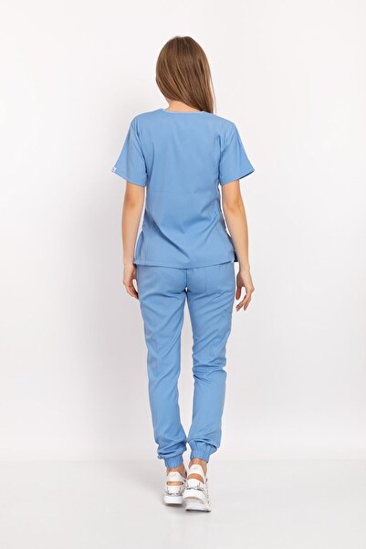 Nur Medikal Giyim Set de uniforme pentru spital, pentru medic și asistentă, din lycra moale, model Atlantis, albastru bebeluș