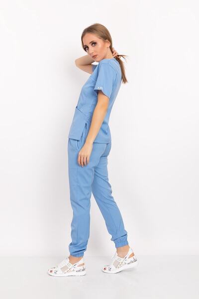 Nur Medikal Giyim Set de uniforme pentru spital, pentru medic și asistentă, din lycra moale, model Atlantis, albastru bebeluș