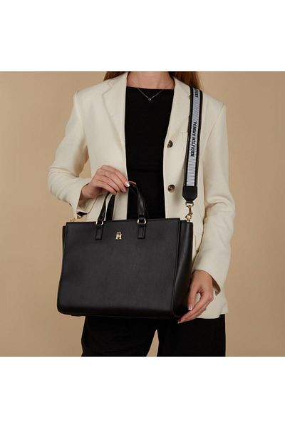 Tommy Hilfiger Black Women's Shoulder Bag - Logo Detailed, Zippered and Multi-pocket AW0aw16681-BDS