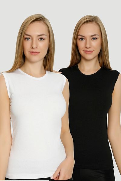 Arma Yıldız Women's Cotton Lycra Crew Neck Sleeveless T-Shirt White - Black Set of 2