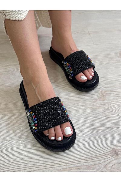 DERİ KABUSU Beaded Stone Women's Slippers 697
