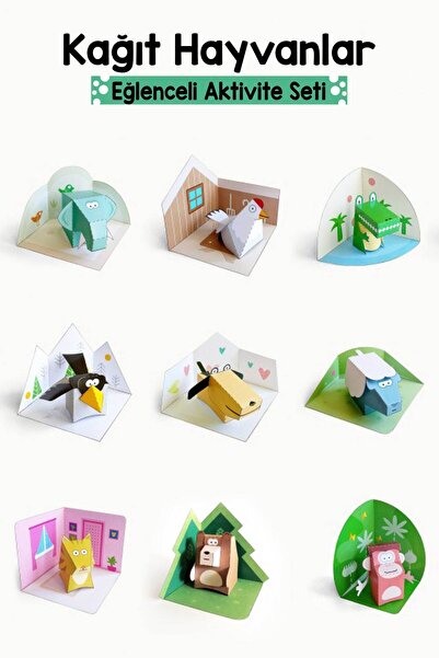 Bunbaza 3 Boyutlu Kağıt Hayvan Figürleri Seti – 9'lu Eğlenceli Aktivite Seti - Çocuklar Için Origami