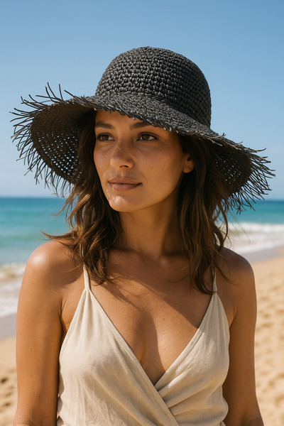 Luminos Butik Crna prirodna Teksturirano ručno pletena slamnata kapa - Sa res...