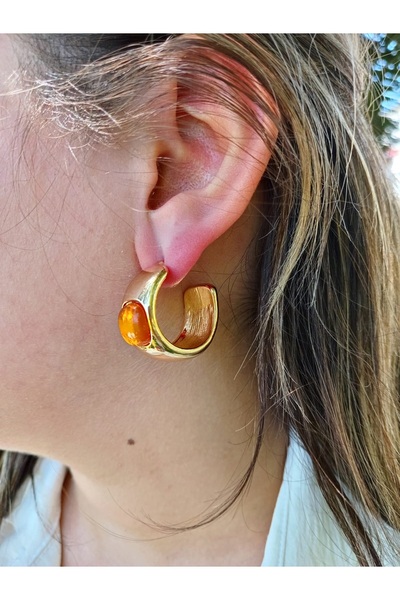 mos&more Turuncu Taşlı Gold Marka C Şekil Halka Küpe