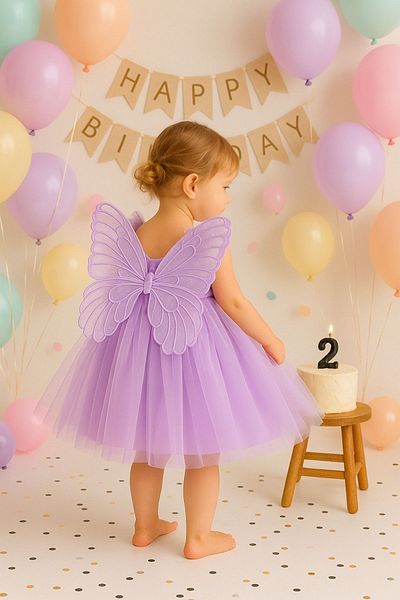 Minytrendy Baby Girl Child Butterfly Winged High Waist Above Knee Tutu Skirt Birthday Party Concept Mini Dress