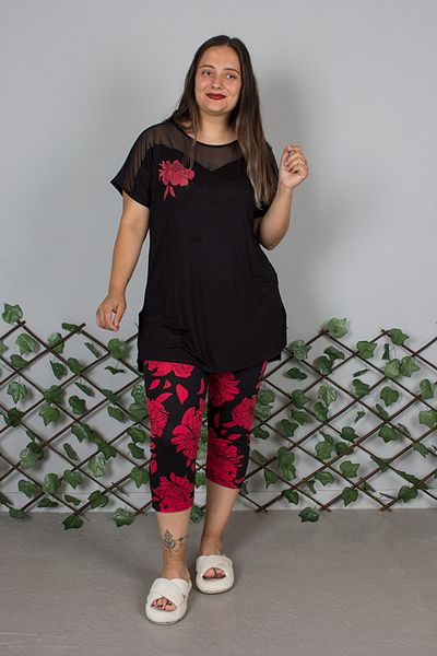 Truva XXL Plus Size Black Floral Patterned Lycra Viscose Combed Cotton Capri Pajama Set