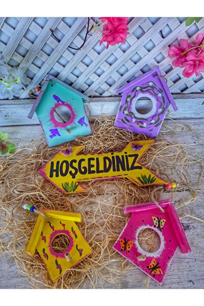 Home Dekoratif Ahşap Bahçe Balkon Ağaç Süsü Seti, 5 li Set, El Yapımı, El Boy...