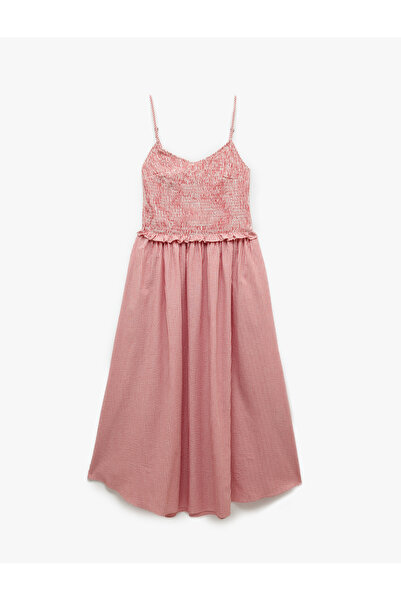 Koton Pamuklu Fırfır Detaylı Gipeli Pötikareli İnce Askılı Midi Boy Kloş Elbise