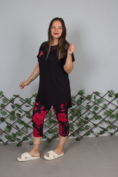 Truva XXL Plus Size Black Floral Patterned Lycra Viscose Combed Cotton Capri Pajama Set