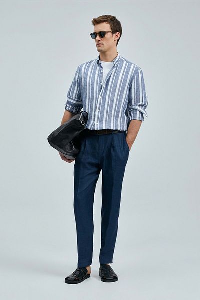 Lufian 111010640 Conroy Men's Linen Shirt Regular Fit Men's Shirt Dark Blue
