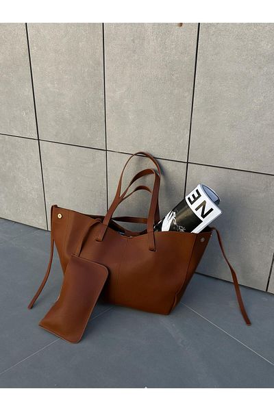 Mercan Stores Women's Tan Color Wallet Detailed Snap Closure Large Tote Phenomenon Shoulder Bag