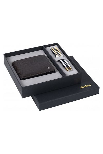 Scrikss Dr214 Gift Set Ballpoint Pen - Versatil 35 Noble Gold Chrome & Leather Classic Wallet Brown