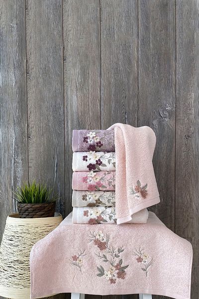 MARİBOR Adela - 70% Bamboo / 30% Cotton 3D Embroidered Hand Towel - Set of 6 50X90