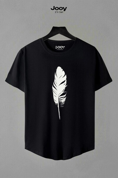 Jooy Company Unisex Siyah Beyaz Oval Kesim Tüy Tasarım Tshirt Ikili Set
