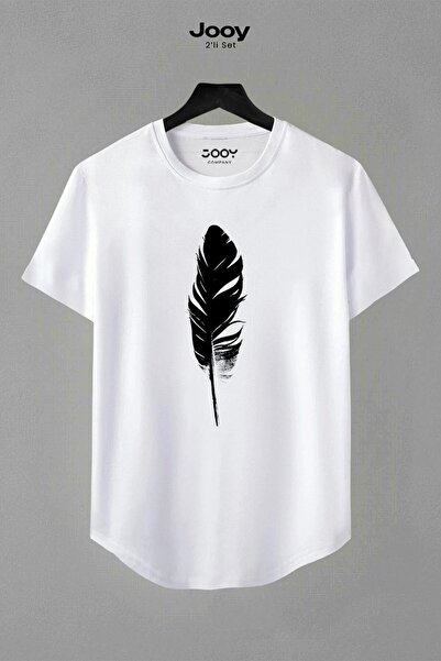 Jooy Company Unisex Siyah Beyaz Oval Kesim Tüy Tasarım Tshirt Ikili Set