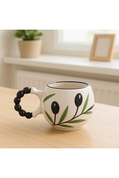 İZart Pearl Handle Detailed Olive Leaf Patterned Special Embossed Hand Embroidered Ceramic Mug