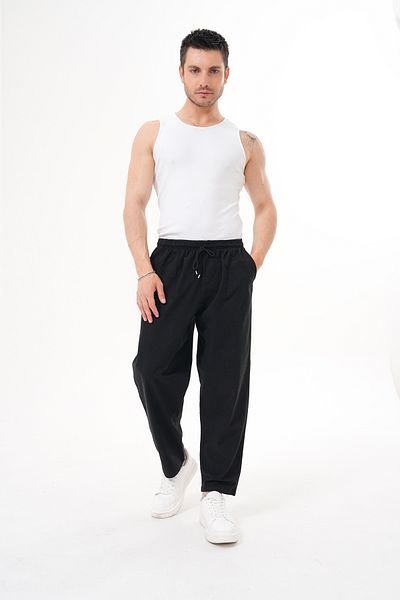 BigBrossBoutique Black Men's Summer Cotton Linen Blend Comfortable Fit Trousers