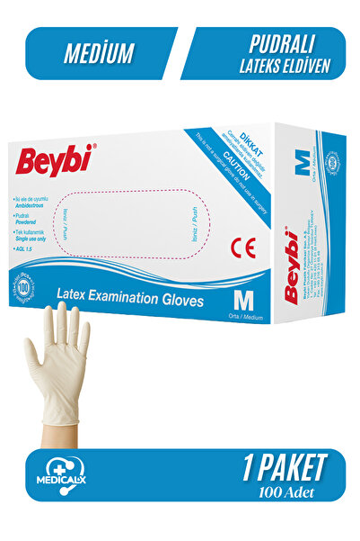 Beybi Lateks Eldiven Pudralı 100' Lü Paket - Medium (M Beden)