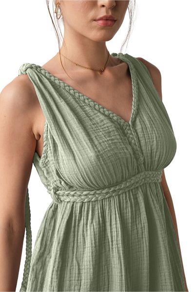 cottony.store Rochie lungă de muselină, rochie de vară, rochie boemă cu bretele, rochie Helen cu detaliu de legare împletită verde mentă