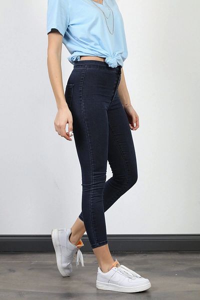 Harmony Navy Blue High Waist Skinny Fit Jeans Lycra Front Pocketless Leggings Trousers