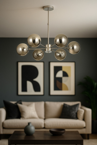 Avizemoda Miya 6 lı Füme Camlı Salon Oturma Odası Modern Sarkıt Avize - (Krom Kaplama)