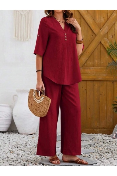 Modayakamoz Women's Short Sleeve V Judge Collar Buttoned Wrinkle Blouse and Trousers Double Suit