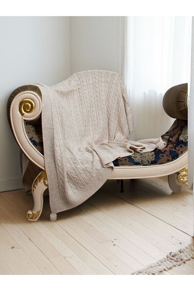 YGT Home Beige Tulip 10 Pompom Knitwear Tv Blanket - 130X170 Knee Blanket Sofa Shawl Decor