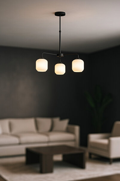 Avizemoda Siena 3 lü Beyaz Camlı Salon Oturma Odası Modern Sarkıt Avize - (Siyah)