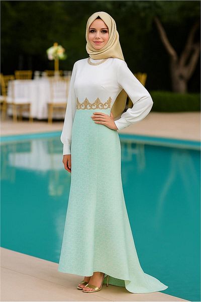 TRENDTESETTÜR Γυναικείο βραδινό φόρεμα Jacquard με πράσινο (MINT) γιακά αξεσουάρ 5075
