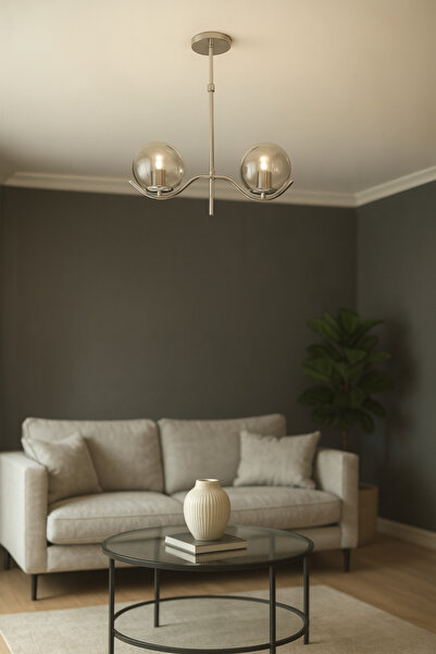 Avizemoda Ranya 2 li Füme Camlı Salon Oturma Odası Modern Avize - (Krom Kaplama)