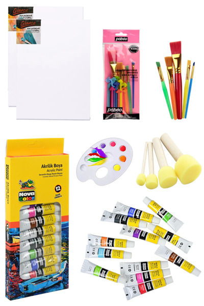 GLANCE Nova Color 12 Renk Akrilik Boya Tüp 12 ml 25x35 Tuval Set