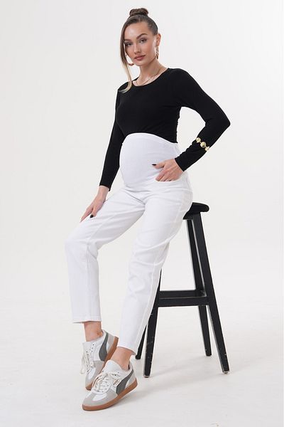 BIG LESSON Maternity Stretchy Tummy Band Waist Adjustable Mom Fit Jeans Pants White
