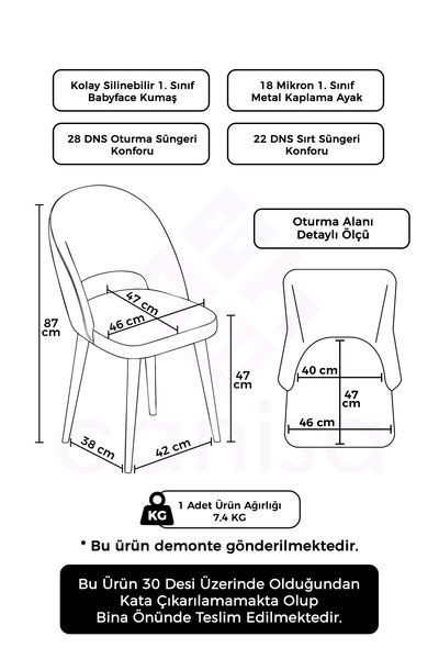 Canisa Pane Serisi 4 Adet Gri Mutfak Sandalyesi Krom Kaplama Metal Ayak 1. Sınıf Babyface Kumaş