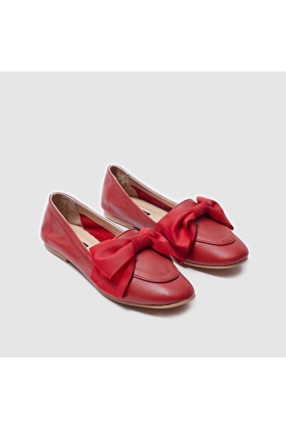 TOGO Kırmızı Hakiki Deri Fiyonklu Kadın Babet Ayakkabı [060040]