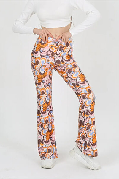 EDSA Çiçek Desenli Bedeni Saran Ispanyol Paça Pantolon