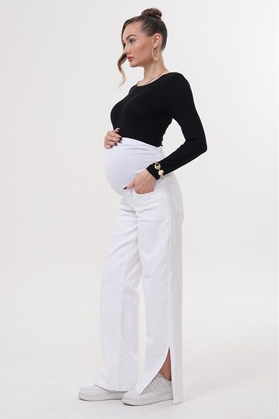BIG LESSON Maternity Stretchy Tummy Band Waist Adjustable Pipe Leg Slit Jeans Pants White