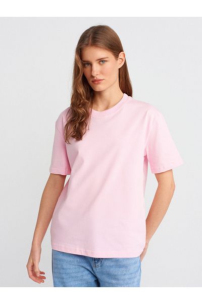 Dilvin 30312 Tricou cu gât roșu cu cusături decorative-roz deschis