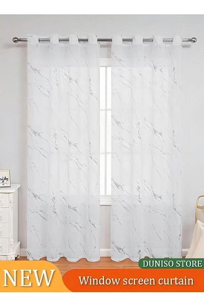 Generic Two-piece Marble Curtain, Translucent Tulle Curtain, Marble Hot Stamping 100*200 Cm (WHITE)