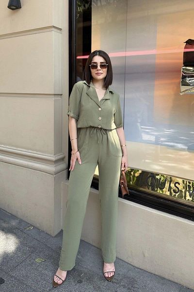 NEW LAVİVA Women's Khaki Jacket Collar Elastic Waist Jumpsuit - 700-2622