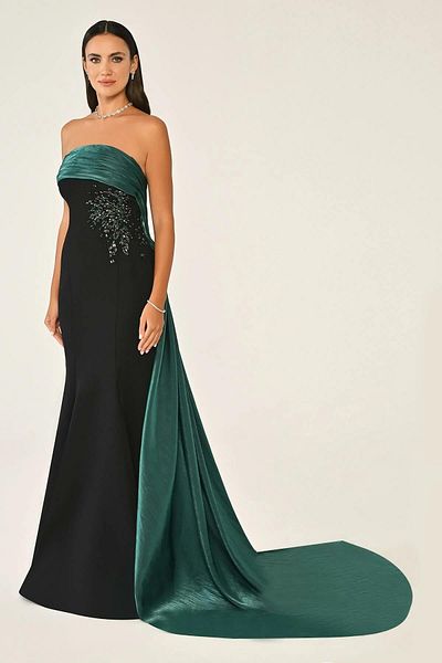 ALFABETA Strapless Top with Stones Detail Sweep Train Crepe Long Dress