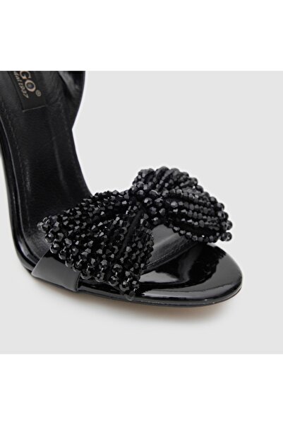 TOGO Siyah Hakiki Deri Kadın Abiye Ayakkabı [060232] - Fiyonk ve Taş Detaylı