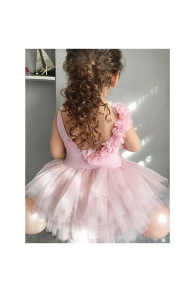 My Baby By Merry Pudra pembe kız çoçuk çiçek detaylı kabarık balerin elbisesi