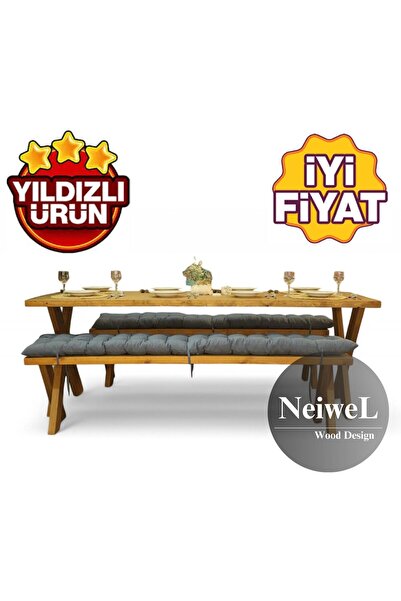 Neiwel Rane Doğal Ahşap Banklı Yemek Masası Takımı-80-120 Takım