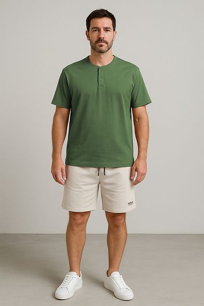 Cottonland Ανδρικό HENLEY Κανονικό Μπλουζάκι με Κουμπιά Βαμβακερό Βαμβακερό Μπλουζάκι ALGAE GREEN