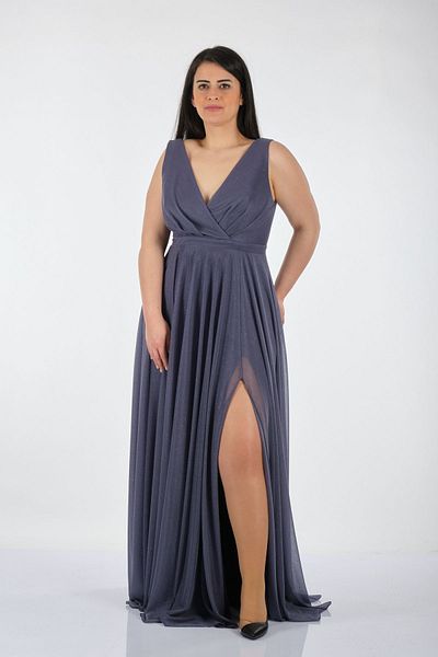 DORİ Doridorca Plus Size Διπλό Γιακά Χοντρό λουράκι με σχισμή σιφόν Γυναικείο βραδινό φόρεμα 221bb1182